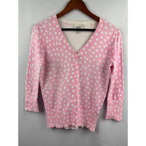 Eci New York Pink & White Polka Dot Cardigan Sweater Womens S 3/4 Sleeves V-Neck